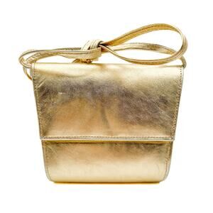 80s Gold Metallic Purse Leather Trapezoid New Wave Shoulder Evening Hand Bag